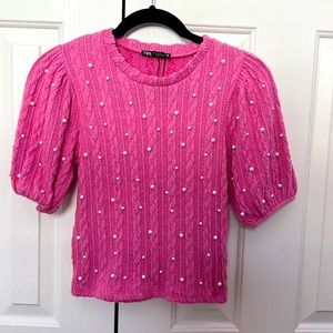 Zara Sweaters pink with  Pearl Large Cable Knit Puff Sleeve Sweater